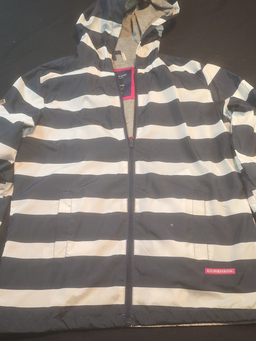 U.S. Polo Assn. Navy and White Striped Hooded Windbreaker Vk 1